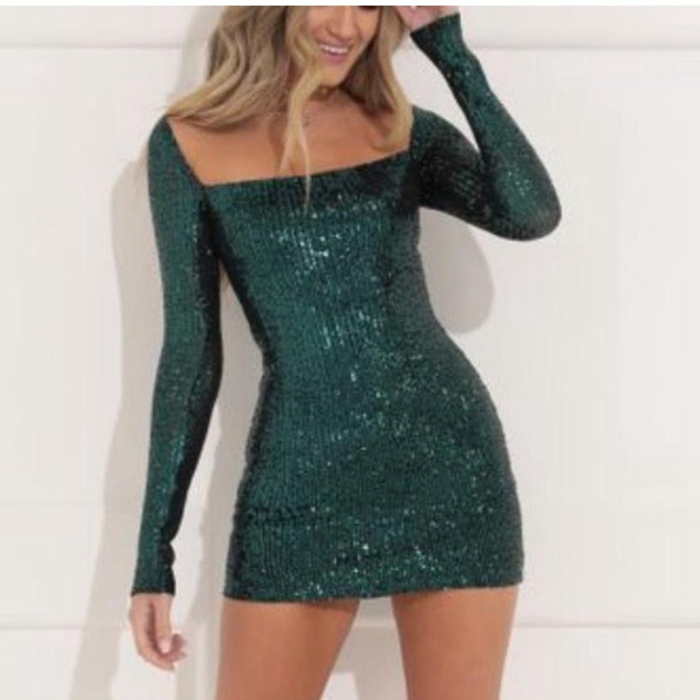 Lucy in the sky green teal sequin long sleeve mini dress size XS